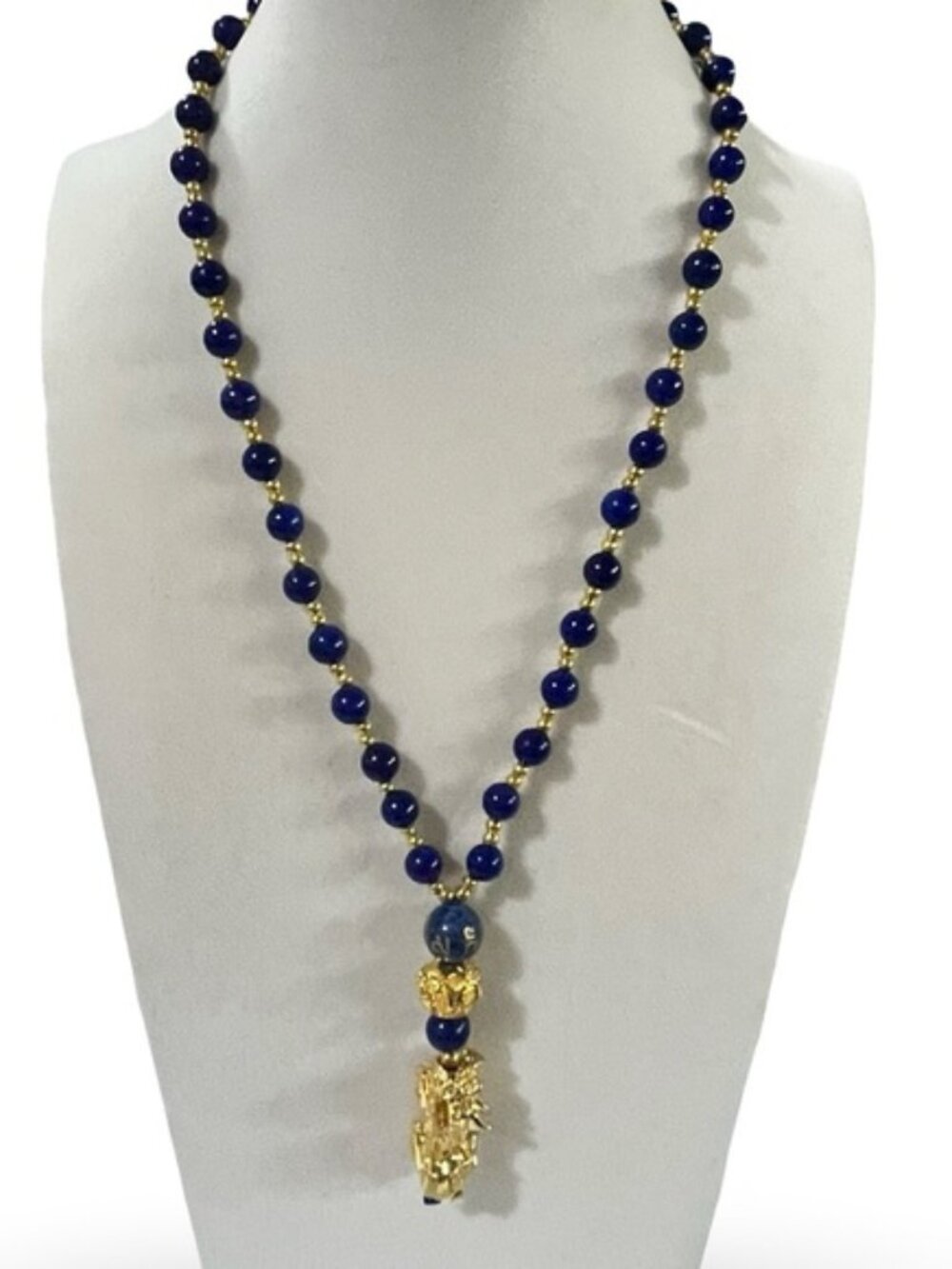 Cobalt Blue Beaded Gold Tone Foo Dog Necklace